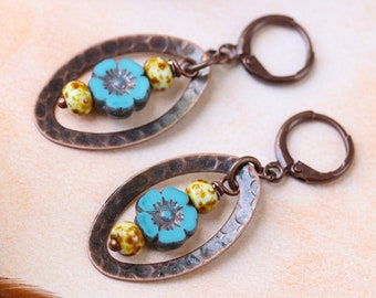 Bijoux fleurs, boucles d'oreilles en cuivre bohème, bijoux bohèmes en cuivre