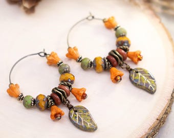 Pumpkin Patch Earrings, Fall Beaded Hoop Earrings, Orange Floral Leaf Hoops, Autumn Jewelry