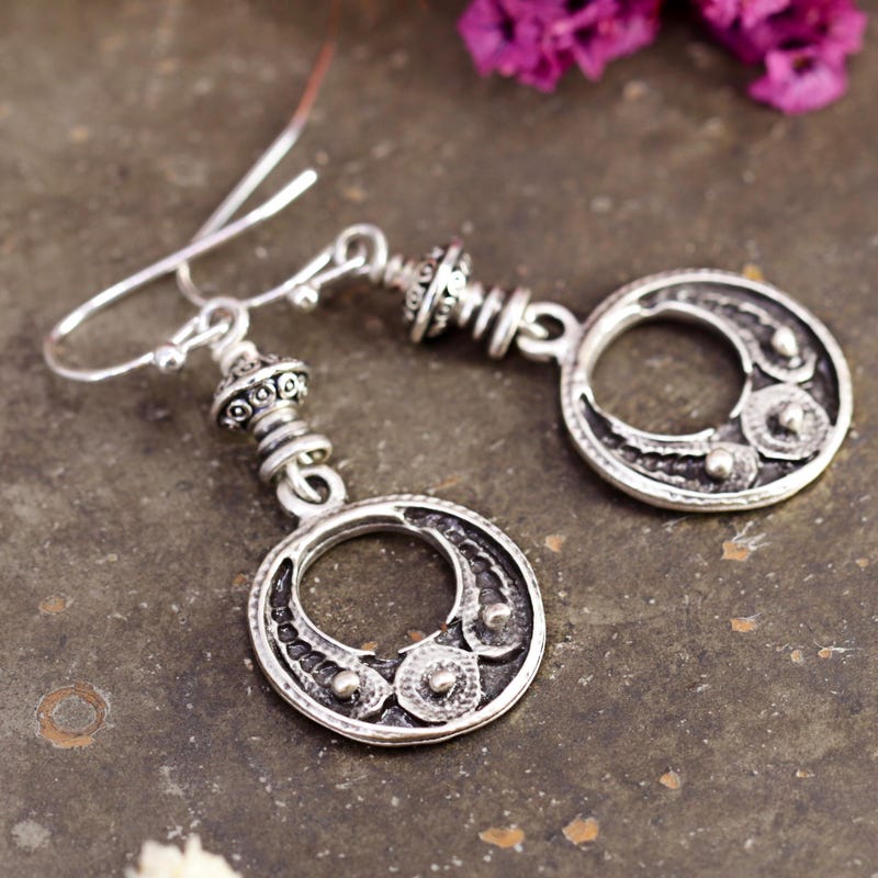 Amber Bloom Rustic Sterling Silver Boho Dangle Earrings Silver