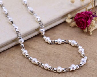 Collar de perlas de agua dulce, joyería artesanal de plata de ley con cuentas, piedra natal de junio.