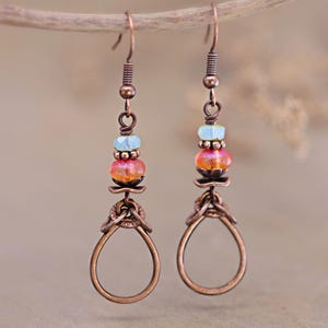 Copper Earrings, Western Boho Dangle Earrings, Beaded Teardrop Hoops, Rustic Old World Jewelry