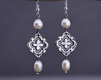 Pendientes góticos de perlas de trébol, joyería medieval de plata de ley hecha a mano