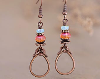 Copper Earrings, Western Boho Dangle Earrings, Beaded Teardrop Hoops, Rustic Old World Jewelry