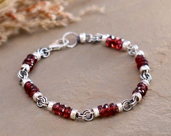 Garnet Bracelet – Sterling Silver January Birthstone Bracelet, Dark Red Gemstone
