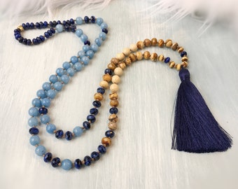 Collier long pompon en perles, collier bohème bleu fait main, bijoux bohème