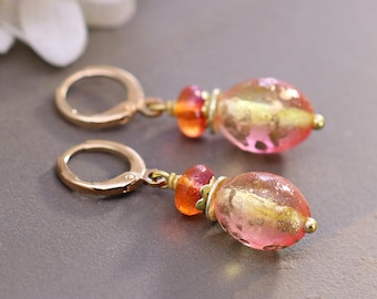 Pendientes de cristal checo con cierre de palanca, gotas de color rosa y amarillo atardecer brillante, joyería de verano