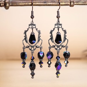 Gothic Chandelier Earrings, Black Handmade Victorian Jewelry, Goth Halloween Earrings