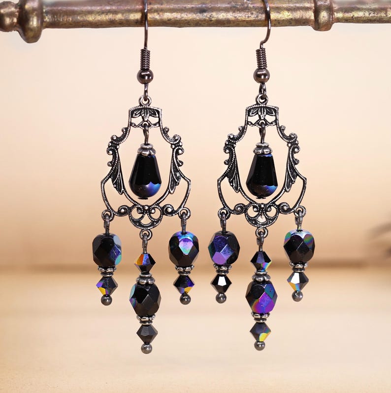 Gothic Chandelier Earrings, Black Handmade Victorian Jewelry, Goth Halloween Earrings