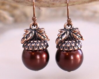 Burgundy Acorn Earrings, Autumn Copper Earrings, Dark Academia Nature Jewelry