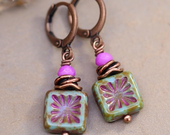 Pendientes de cobre con forma de estrella, pendientes de cristal checo turquesa, pendientes colgantes con cierre de palanca.