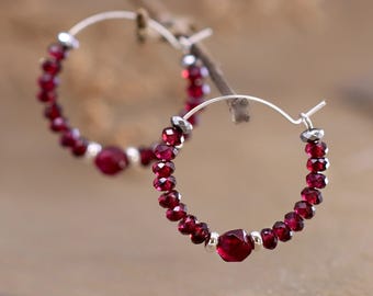 Garnet Hoop Earrings, Sterling Silver Gemstone Hoops, January Birthstone Jewelry