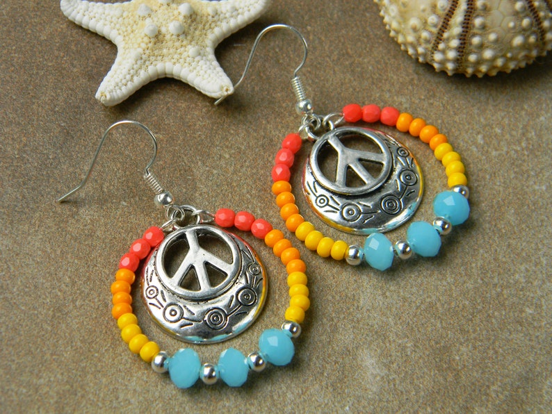 Peace Sign Earrings Rainbow Earrings Bohemian Beaded Hoop Etsy