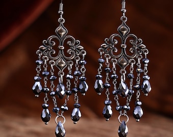 Gothic Chandelier Earrings, Black Witchy Maximalist Jewelry