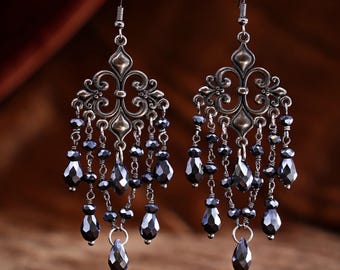 Gothic Chandelier Earrings, Black Witchy Maximalist Jewelry