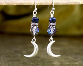 Gothic Moon Earrings, Crystal Black Celestial Dangle Earrings
