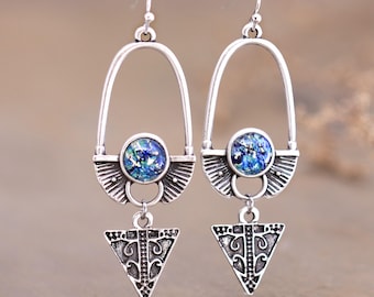 Pendientes egipcios de plata, pendientes largos llamativos de ópalo azul, pendientes colgantes geométricos.