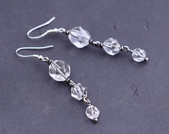 Pendientes largos de cristal, pendientes colgantes de plata de ley oxidada y cuarzo transparente