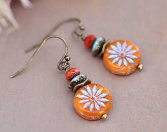 Pendientes de flores artísticos, pendientes bohemios naranjas, pendientes de verano coloridos con cierre de palanca