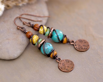 Pendientes bohemios de cobre y turquesa, pendientes colgantes de cuentas apiladas de colores, pendientes bohemios