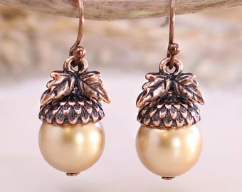 Golden Copper Acorn Earrings, Woodland Wedding Bridesmaid Earrings, Pearl Fantasy Jewelry