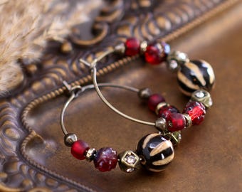 Whimsigoth Hoop Earrings, Gothic Red Beaded Halloween Hoops, Dark Academia Jewelry