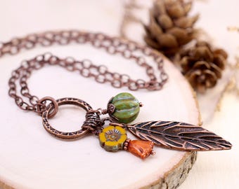 Long Copper Leaf Necklace, Autumn Floral Pumpkin Necklace, Earthy Fall Jewelry
