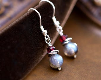 Dainty Labradorite and Garnet Earrings, Sterling Silver Gemstone Dangles,  Leverback or French Hooks