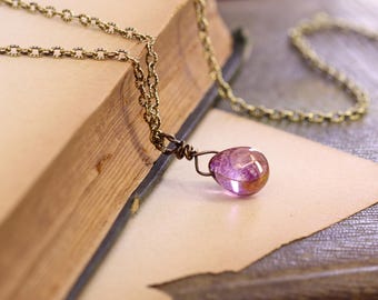 Purple Teardrop Fairycore Necklace: Antique Brass Pendant, Witchy Jewelry