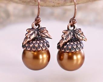 Pearl Acorn Earrings, Whimsical Autumn Earrings, Copper Cottagecore Jewelry