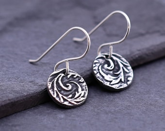 Sterling Silver Spiral Earrings, Vine Leaf Dangle Earrings, Botanical Nature Jewelry