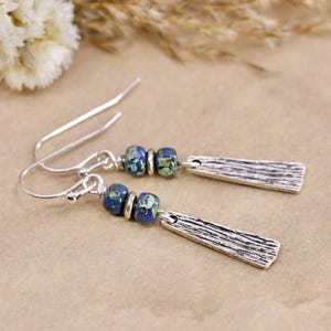 Dainty Minimalist Dangle Earrings, Beaded Blue and Silver Earrings, Artsy Jewelry Gift