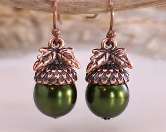 Dark Green Acorn Earrings, Woodland Wedding Earrings, Copper Forestcore Nature Jewelry