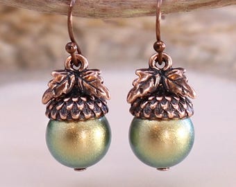 Iridescent Copper Acorn Earrings, Woodland Cottagecore Earrings, Whimsical Nature Inspired Jewelry