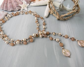 Layering Moonstone Pearl Necklace, Beaded Wrap Choker, Lariat Necklace, Long Handmade Necklace