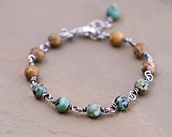Pulsera de turquesa africana, pulsera de cuentas de plata de ley oxidada, joyería bohemia