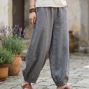 Cotton Linen Bloomers for Women, Vintage Wide Leg Pants with Elastic Waist, Elegant Full Length Trousers, Plus Size Loose Fit Spring Apparel