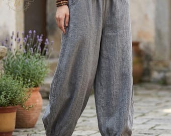 Bloomer en coton et lin pour femme, pantalon large vintage avec taille élastique, pantalons longs élégants, vêtements de printemps amples et grandes tailles