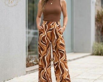 Conjunto de dos piezas de verano para mujer, top sin mangas y pantalón de pierna ancha a juego, atuendo playero informal estampado, ropa de estar por casa elegante y holgada