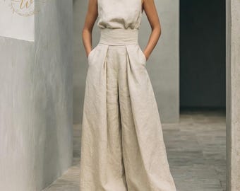 Elegant Two Piece Set for Women, Sleeveless Top and Wide Leg Pants Summer Outfit, Chic Casual Office Co-ord, High Street Loose Fit Trousers