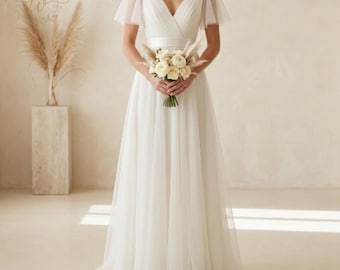 Simple Chiffon Wedding Dress, V Neck Bridal Gown, Boho Wedding Dress, Organza Bridal Dress, Minimalist Wedding Gown, Floor Length