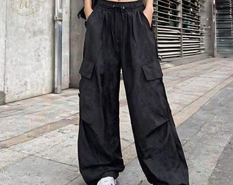 Pantalones cargo holgados para mujer, estilo streetwear Y2K, joggers de cintura baja, pantalones de pierna ancha Techwear con cordón, pantalones casuales de corte holgado y estética impecable.