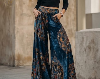Pantalones anchos de terciopelo estilo retro para mujer, pantalones de cintura alta de estilo étnico con bolsillos, pantalones casuales de corte holgado estilo vintage, pantalones boho elegantes.