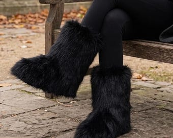 Women’s Faux Fur Winter Boots, Fluffy Mid Calf Snow Boots for Outdoor Luxury Fashion, Warm Plush Furry Flat Shoes, Elegant Holiday Gift
