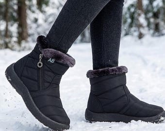 Waterdichte enkellaarsjes voor dames met voering van nepbont, warme wintersneeuwlaarzen, comfortabele outdoorschoenen met lage hak, stijlvol weerbestendig schoeisel