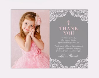 Gray and Pink First Communion Thank You Card with Photo, Traditional Lace Design, Printable or Printed Cards, Customizable and Personalized
