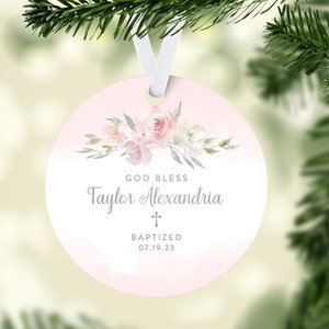 Watercolor Flowers Ornament for Christening or Baptism, Gift Idea for Baby Girl or God Child, Ceramic or Aluminum Options, Quick Shipping
