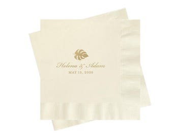 Palm Leaf Custom Wedding Napkins - Personalized with Wedding Colors - Cocktail Size for Bar, Candy Table or Buffet - Beach or Tropical Decor
