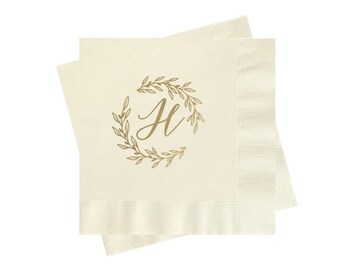 Monogram Wedding Napkins | Personalized Decor with Wreath and Last Initial | Gold and Ivory Theme
