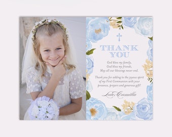 Blue Floral Watercolors First Communion Thank You with Photo, Printable or Printed Cards, Customizable and Personalized Colors and Fonts
