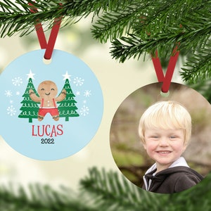 Gingerbread Christmas Ornament for Boy, Annual Ornament for Kids, Child Christmas Ornament with Photo, Personalized Gift for Children image 1